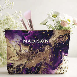 シックパープル金ゴールドフェイクグリッターマーリングモノグラム アクセサリーポーチ