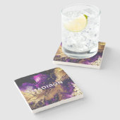 シックパープル金ゴールドフェイクグリッターマーリングモノグラム ストーンコースター (横)