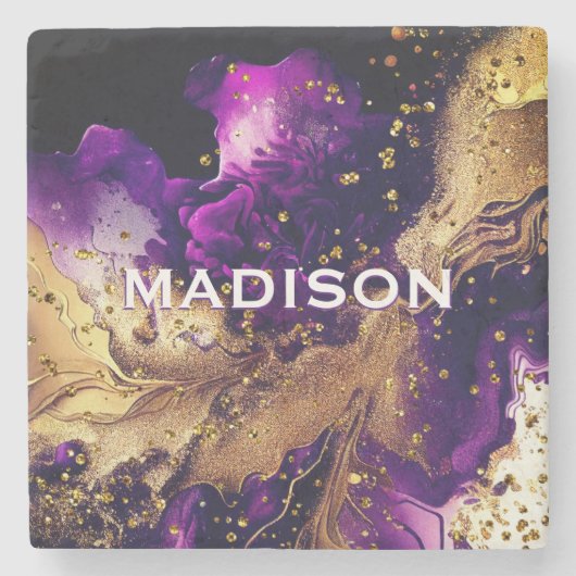 シックパープル金ゴールドフェイクグリッターマーリングモノグラム ストーンコースター (正面)