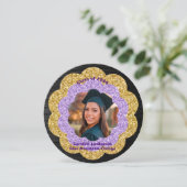 シックパープル金ゴールドフローラ写真卒業パーティー 招待状 (スタンド正面)