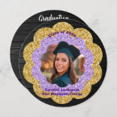 シックパープル金ゴールドフローラ写真卒業パーティー 招待状 (正面/裏面)