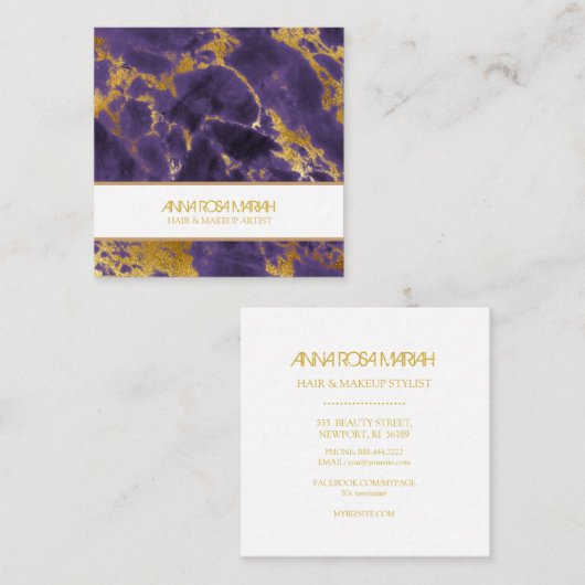 *~*シックパープル金ゴールド大理石ヘアガーリー化粧 スクエア名刺 (正面/裏面)