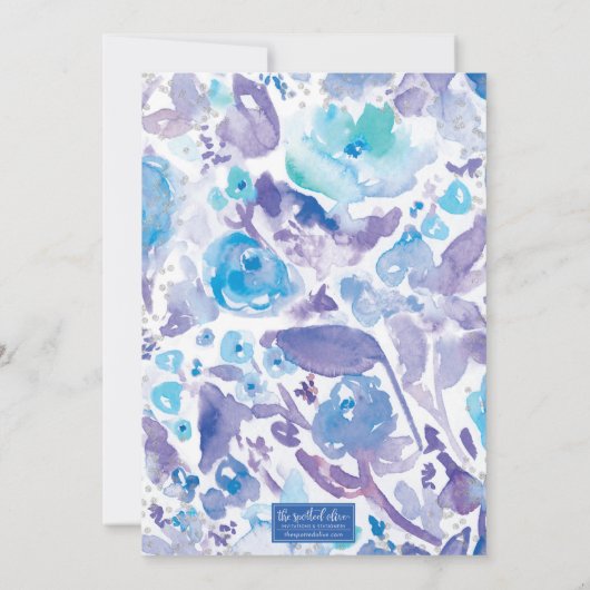 シックパープル&ブルーウォーターカラーフローラブライダルシャワー 招待状 (裏面)