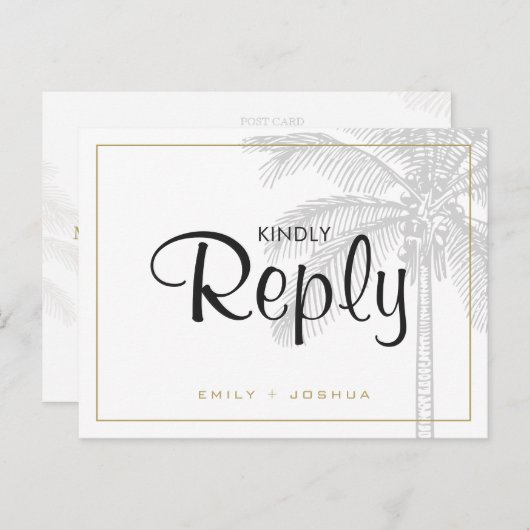 シックパームツリー&金ゴールドウェディングRSVPカスタム インビテーションポストカード (正面/裏面)