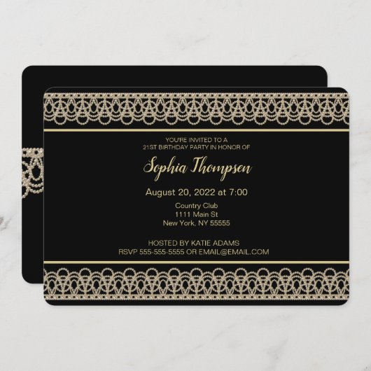 シックパール縁ど21th誕生日パーティの招待状 招待状 (正面/裏面)