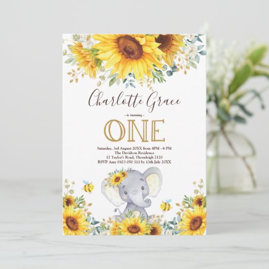 シックヒュンフラワーエレファントグリーンリー金ゴールド1日誕生日 招待状 (スタンド正面)