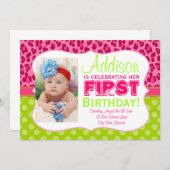 シックヒョウ&水玉模様ライムグリーン&ピンク招待状 招待状 (正面/裏面)