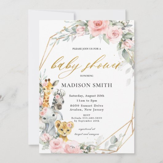 シックピンクのフローラジャングル動物のベビーシャワーガール 招待状 (正面)