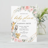 シックピンクのフローラジャングル動物のベビーシャワーガール 招待状 (スタンド正面)