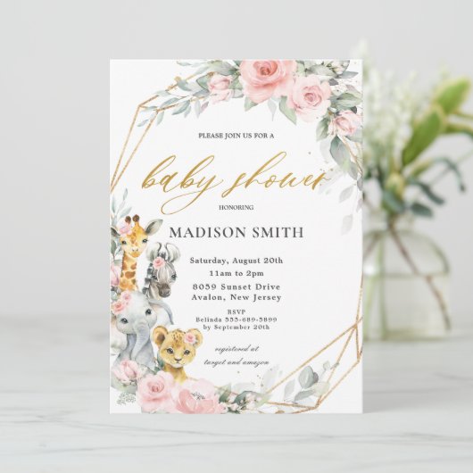 シックピンクのフローラジャングル動物のベビーシャワーガール 招待状 (スタンド正面)