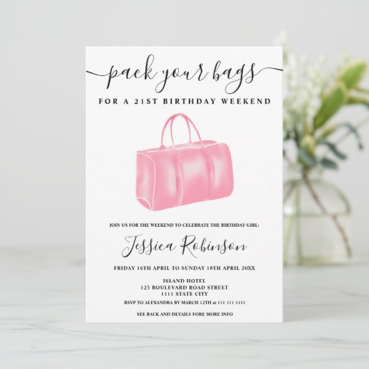 シックピンクの水彩バッグの誕生日プログラム 招待状 (スタンド正面)