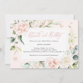 シックピンクの水色のフローラのブランチと泡立ち 招待状 (正面)