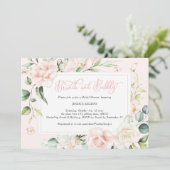 シックピンクの水色のフローラのブランチと泡立ち 招待状 (スタンド正面)