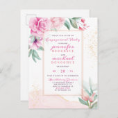 シックピンクアクアレルバラフローラ婚約パーティ インビテーションポストカード (正面/裏面)