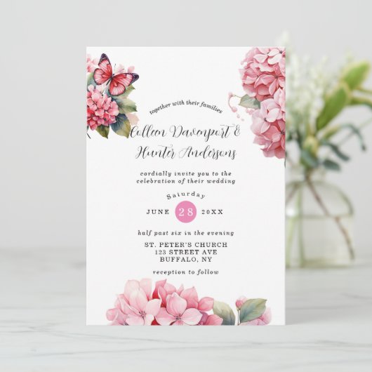 シックピンクアジランゲアバタフライ結婚式招待状 招待状 (スタンド正面)