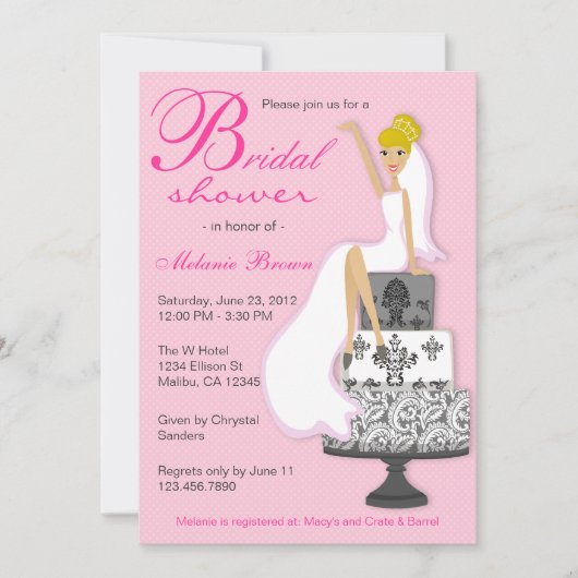 シックピンクオンピンクブライドモダンブライダルシャワー 招待状 (正面)