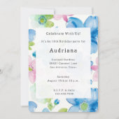 シックピンクグリーンブルーフローラ誕生日 招待状 (正面)