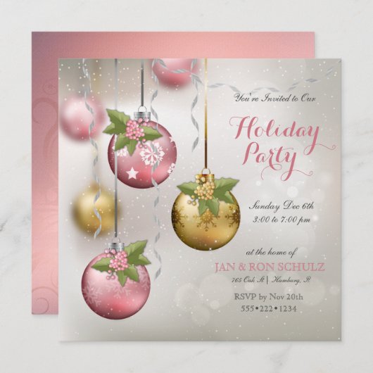 シックピンクシルバー金ゴールドオーナメントホリーグリタリー 招待状 (正面/裏面)
