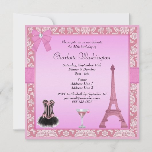 シックピンクパリダマスクコルセット誕生パーティー 招待状 (裏面)