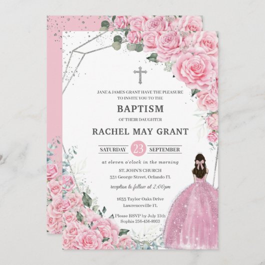 シックピンクフローラシルバーガール洗礼《キリスト教》洗礼式や命名式 招待状 (正面/裏面)