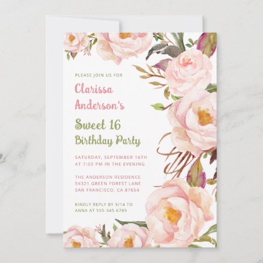シックピンクフローラスウィート16誕生日 招待状 (正面)