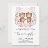 シックピンクフローラテディベアツインガールズベビーシャワー 招待状 (正面)