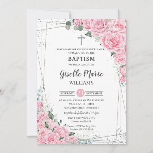 シックピンクフローラバラシルバーバプティズム《キリスト教》洗礼式や命名式  招待状 (正面)