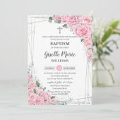 シックピンクフローラバラシルバーバプティズム《キリスト教》洗礼式や命名式  招待状 (スタンド正面)