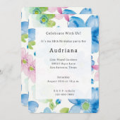 シックピンクブルーグリーンフローラ誕生日 招待状 (正面/裏面)