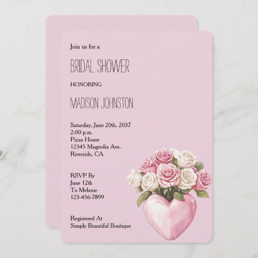 シックピンクホワイトローズフローラハートブライダルシャワー 招待状 (正面/裏面)