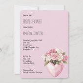 シックピンクホワイトローズフローラハートブライダルシャワー 招待状 (正面)
