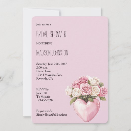 シックピンクホワイトローズフローラハートブライダルシャワー 招待状 (正面)