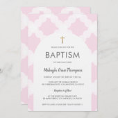 シックピンクホワイト金ゴールドクロスアーチベビーバプテスマ 招待状 (正面/裏面)