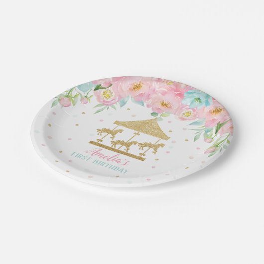 シックピンクミントフローラ回転木馬バースデーパーティー ペーパープレート (アングル)