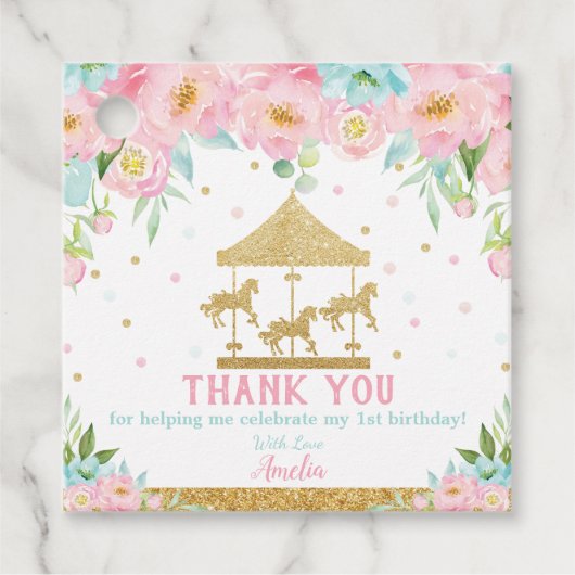 シックピンクミントフローラ回転木馬誕生日ありがとう フェイバータグ (正面)
