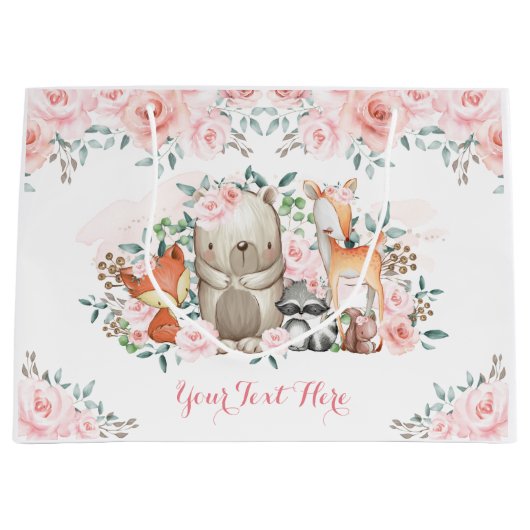 シックピンクローズウッドランドアニマルズベビーガール誕生日 ラージペーパーバッグ (正面)