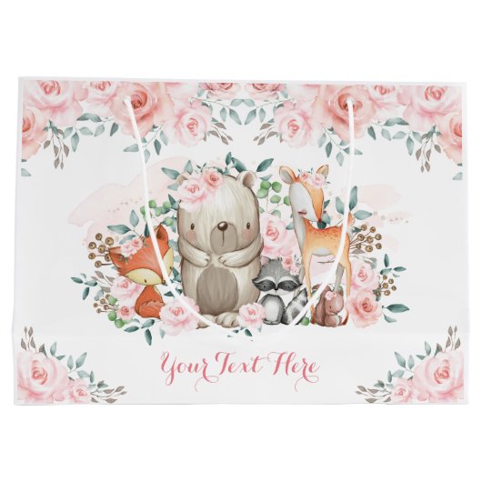 シックピンクローズウッドランドアニマルズベビーガール誕生日 ラージペーパーバッグ (裏面)
