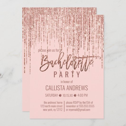 シックピンクローズ金ゴールドグリッターフリンジバチェロレッテ 招待状 (正面/裏面)