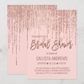 シックピンクローズ金ゴールドグリッターフリンジブライダルシャワー 招待状 (正面/裏面)