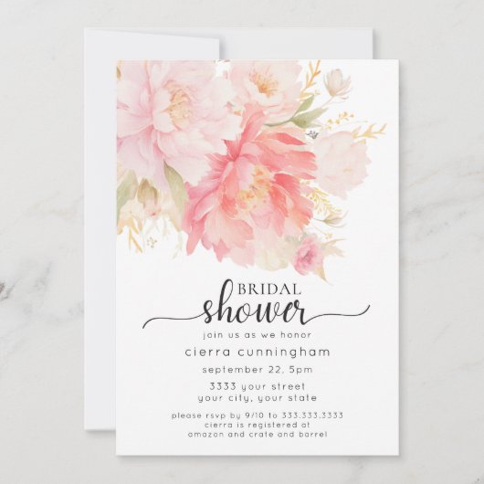 シックピンク牡丹フローラブライダルシャワー 招待状 (正面)