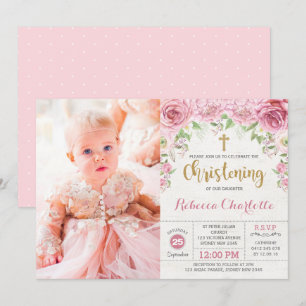 シックピンク金ゴールド水彩フローラバラ《キリスト教》洗礼式や命名式 招待状