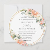 シックピーチアイボリー赤面ピンクフローラ金ゴールド結婚ズ 招待状 (正面)