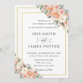 シックピーチアイボリー赤面フローラ結婚金ゴールド 招待状 (正面/裏面)