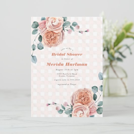 シックピーチフローラユーカリプタピクニックブライダルシャワー 招待状 (スタンド正面)