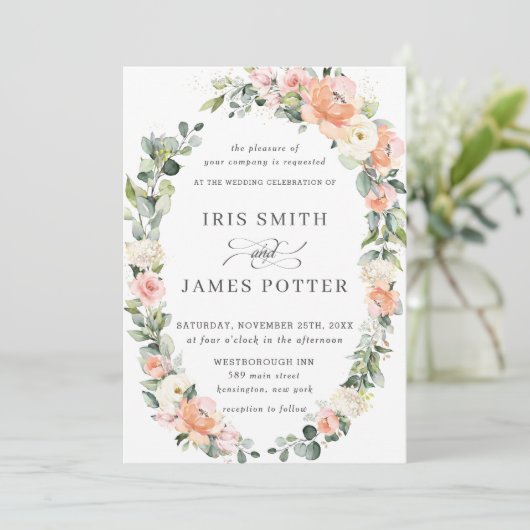 シックピーチ赤面アイボリーフローラリースリーフ結婚ィーズ 招待状 (スタンド正面)