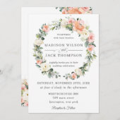 シックピーチ赤面アイボリーホワイトフローラリース結婚ズ 招待状 (正面/裏面)