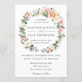シックピーチ赤面アイボリーホワイトフローラリース結婚ズ 招待状