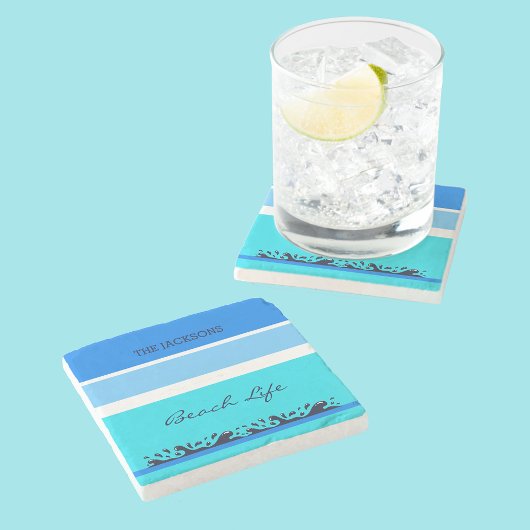 シックファミリーネームブルーストライプ海ビーチハウス ストーンコースター