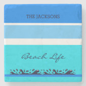 シックファミリーネームブルーストライプ海ビーチハウス ストーンコースター (正面)