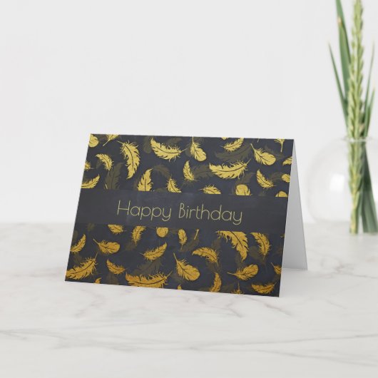 シックファンシー金ゴールドフェザーオンブラック誕生日 カード (正面)